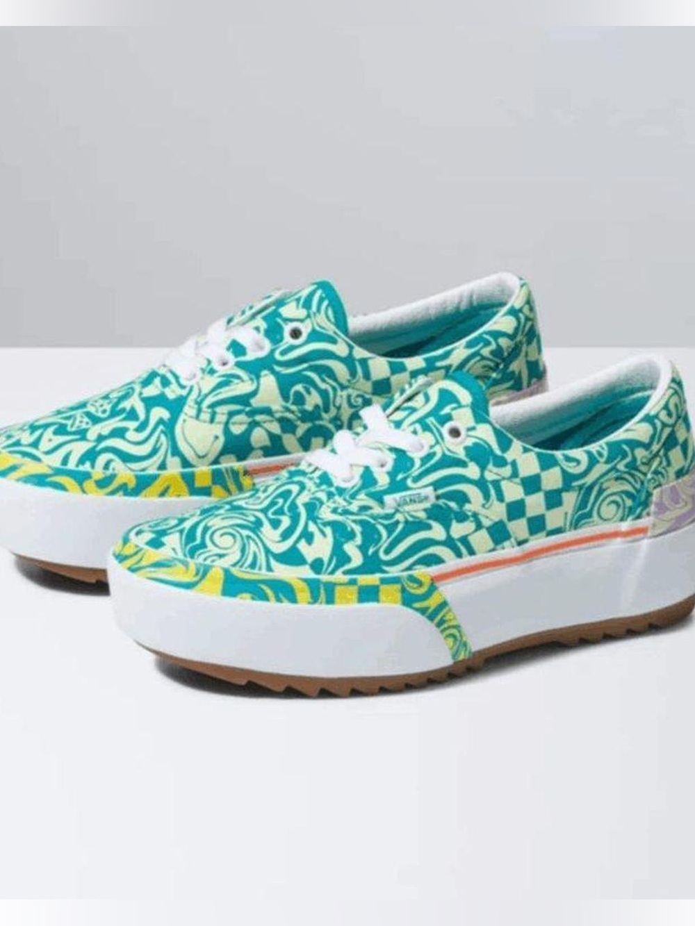 Vans Women's Teal and Cream Floral Checker Platform Sneakers